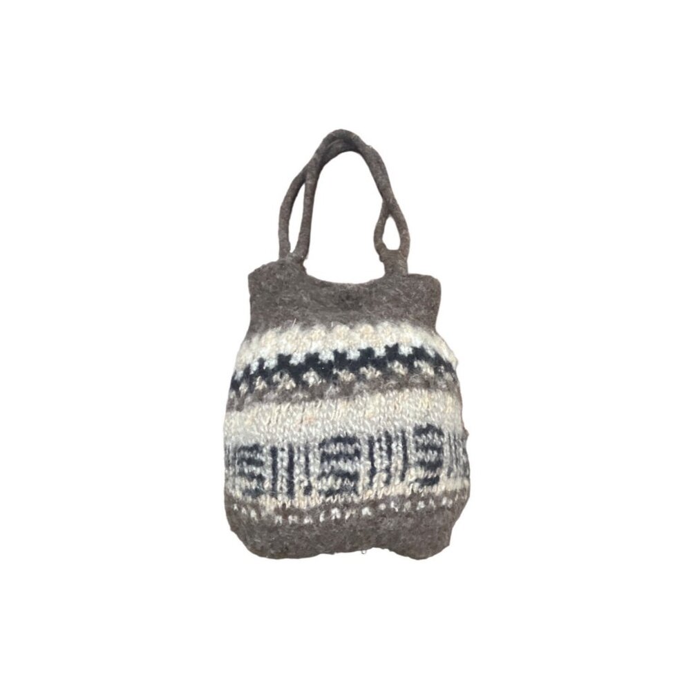 Handcrafted Brown White Woven Wool Snap closure Women's Shoulder Bag Sz M